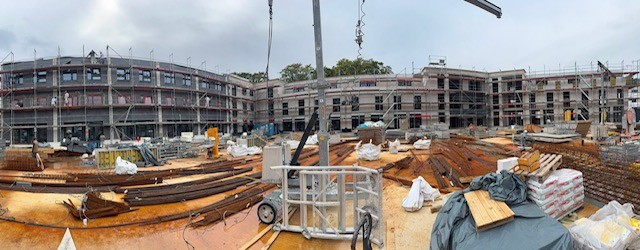 Pentagon in Wuppertal – Baufortschritt WDVS-Fassade, Panorama des Innenhofs